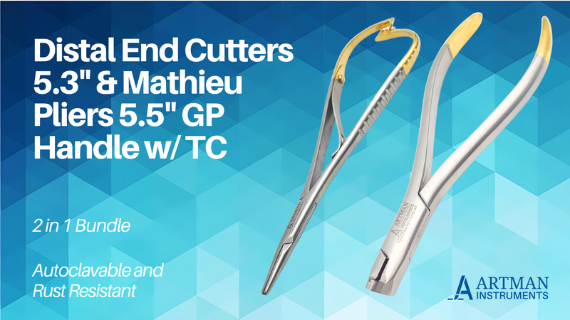 Bundle of Distal End Cutter 5.3" Gold Plated Handle w/Tungsten Carbide Inserts & Mathieu Pliers 5.5" Gold Plated Handle w/Tungsten Carbide Inserts Orthodontics Stainless Steel by Artman Instruments