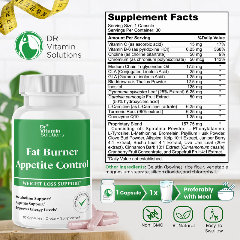 Fat Burner and Appetite Suppressant for Weight Loss for Women and Men | Thermogenic Metabolism Booster, Garcinia Cambogia, L-Carnitine, CLA, Chromium, Non-GMO, 30 Capsules 1 Month Supply 30 Count