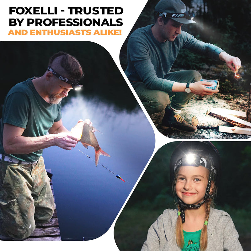 Foxelli Rechargeable Headlamp Bundle of 2 – Khaki & Black: Super Bright LED Head Lamps, Lightweight & Comfortable for Running, Camping, Hiking & Work