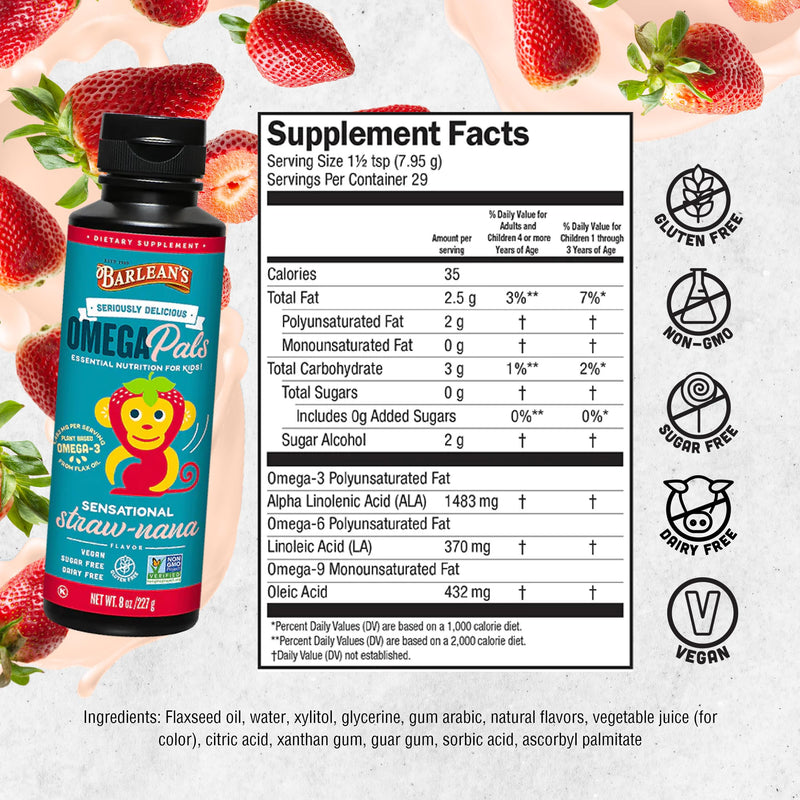 Barlean's Straw-Nana Omega Pals Kids Omega-3, 1483mg ALA, 8oz, 2-Pack | Plant-based kids omega-3, 1,483mg ALA, Fish-free, Non-GMO, Gluten-free, Vegan, Kid-friendly liquid, Brain & eye Sensational Straw-Nana 8 Fl Oz (Pack of 2)