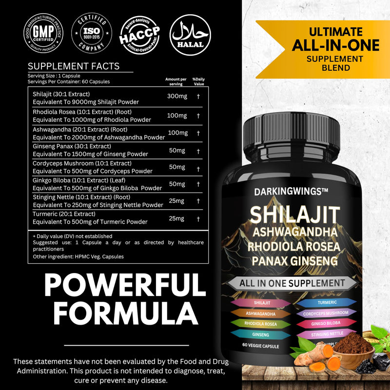 8-in-1 Shilajit 9000 Panax Ginseng 1500MG Ashwagandha 2000MG Rhodiola Rosea 1000MG, Turmeric 500MG, Gingko Biloba 500mg, Stinging Nettle 250MG, Cordyceps Mushroom 500mg for Full Body Power - BeesActive Australia