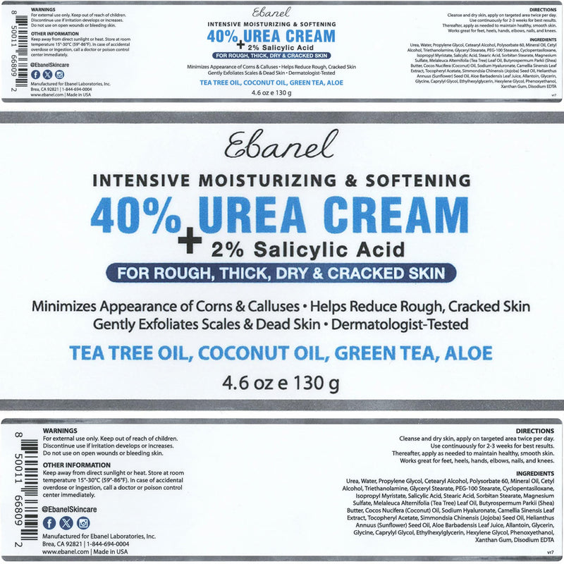 Ebanel Urea Cream 40% plus Salicylic Acid 2%, Foot Cream for Dry Cracked Heels Feet Knees Elbows Hands, Foot Dead Skin Cuticle Callus Remover Toenail Softener, Keratolytic Skin Barrier Repair 4.6 Ounce (Pack of 1) - BeesActive Australia