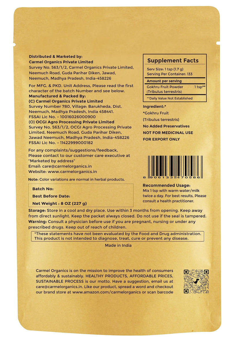 CARMEL ORGANICS Natural Gokhru/Gokhsuru Fruit Powder 8 Ounce or 0.5 Lb/ 227 Grams(Pack of 1)| Tribulus Terrestris Powder No Added Preservative.. | Non GMO 8 Ounce (Pack of 1) - BeesActive Australia