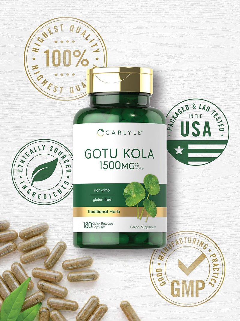 Carlyle Gotu Kola Capsules 1500mg | 180 Count | Non-GMO, Gluten Free | Traditional Herb Extract - BeesActive Australia