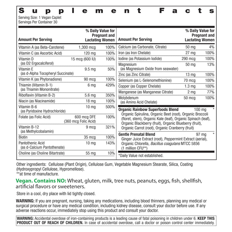 Rainbow Light Prenatal Multivitamin One + for Women | 30 Caplets | Essential Nutrition for Mom & Baby | Real Food Nutrients | with Iron, Vitamins, Folate, Biotin and More Prenatal One 30 Count (Pack of 1)