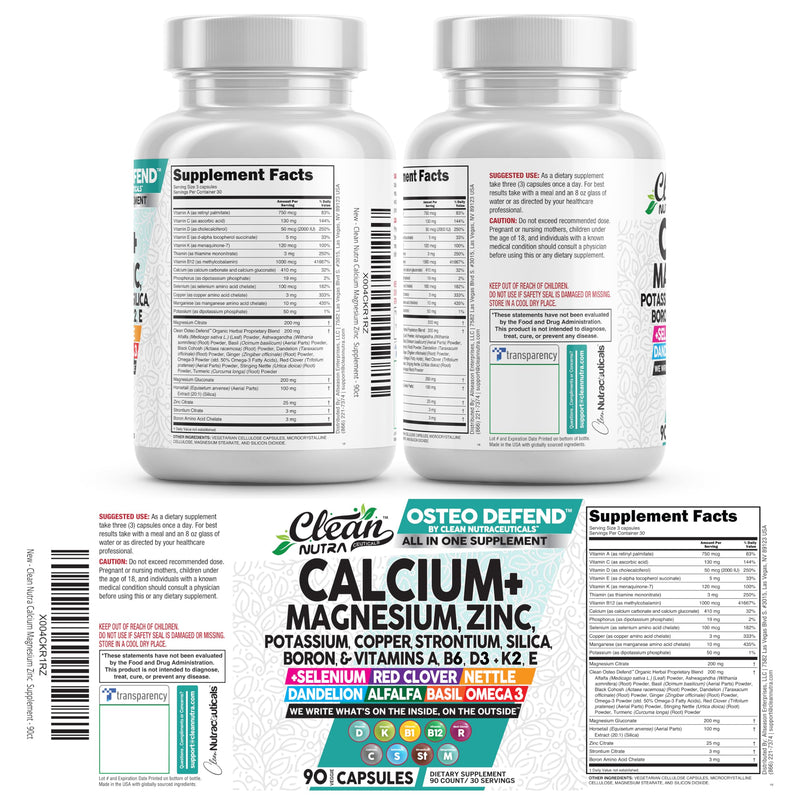 Allin1 Calcium Magnesium Zinc Supplement with Potassium, Copper, Strontium, Silica, Vitamin D3 K2, Boron, Vitamin B1 B12 Red Clover Herb Alfalfa Basil Pills for Men & Women Clean Nutra Osteo Defend
