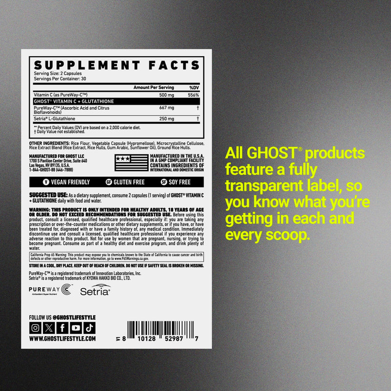 GHOST Basics Vitamin C + Glutathione Supplement for Men & Women - Vegan | 500MG PureWay-C, 250MG L-Glutathione for Immune Health Support, Detox, & Cleanse - Soy-Free & Gluten-Free, 60 Veggie Capsules