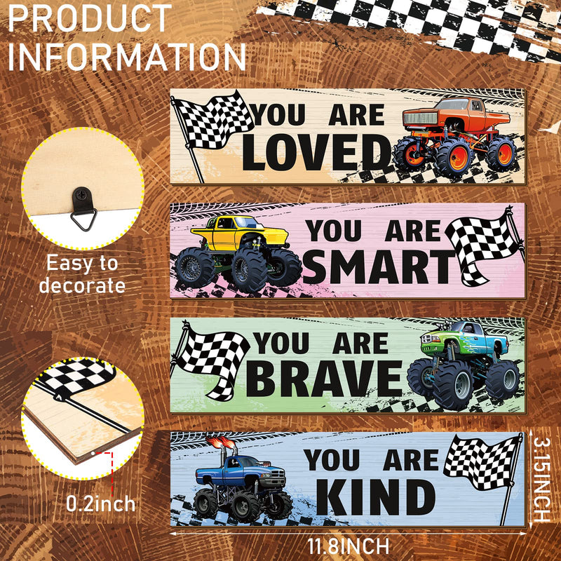 4 Pcs Truck Bedroom Wall Decor for Boys Construction Trucks Boys Room Decor Inspirational Racing Car Wooden Hanging Sign Motivational Quote Car Decoration for Kid Nursery Playroom Kindergarten - BeesActive Australia