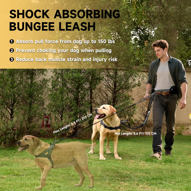 Hands Free Dog Leash with Zipper Pouch, Double Handle Running Reflective Bungee Waist Leash for Dog Walking, Training and Hiking for Small Medium Large Dogs (Black) Black