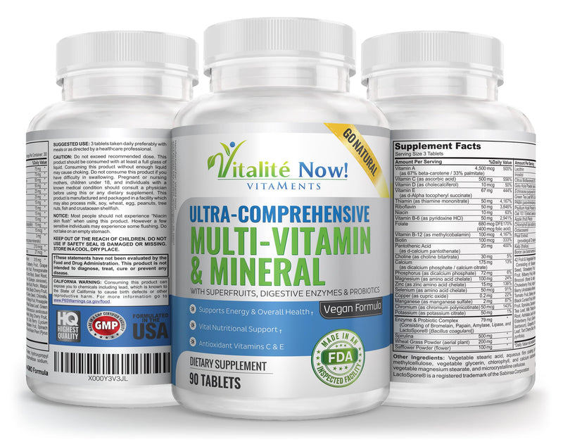 Vegan Whole Food Multivitamin & Mineral - Vitamins A B1 B2 B6 B12 C D3 E | 110 Super Foods, Herbs, Greens & Reds - Enzymes & Probiotics for Immune Support - Energy Boost - 90 Tablets