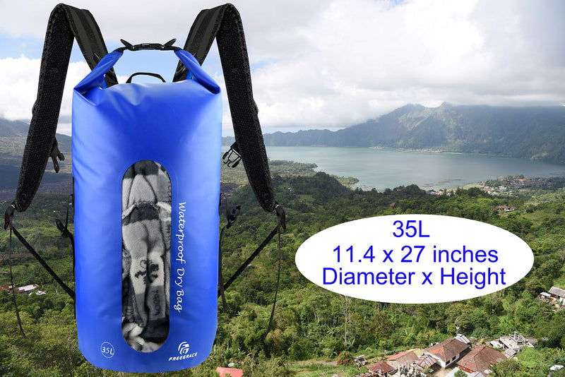 Freegrace Waterproof Dry Bag Set of 3 - Submersible Dry Sack with Double Zip Lock Seals - Includes Waist Pouch & Phone Case - Perfect for Kayaking, Swimming, Boating & Rafting (Window, Navy Blue, 35L) Window
