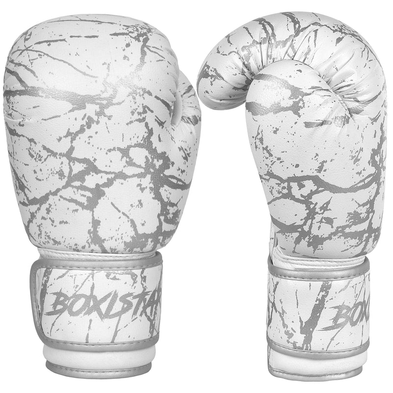Boxistar Boxing Gloves - Men's & Women's, 8 oz to 16 oz with Optimal Padding White/Metallic Silver