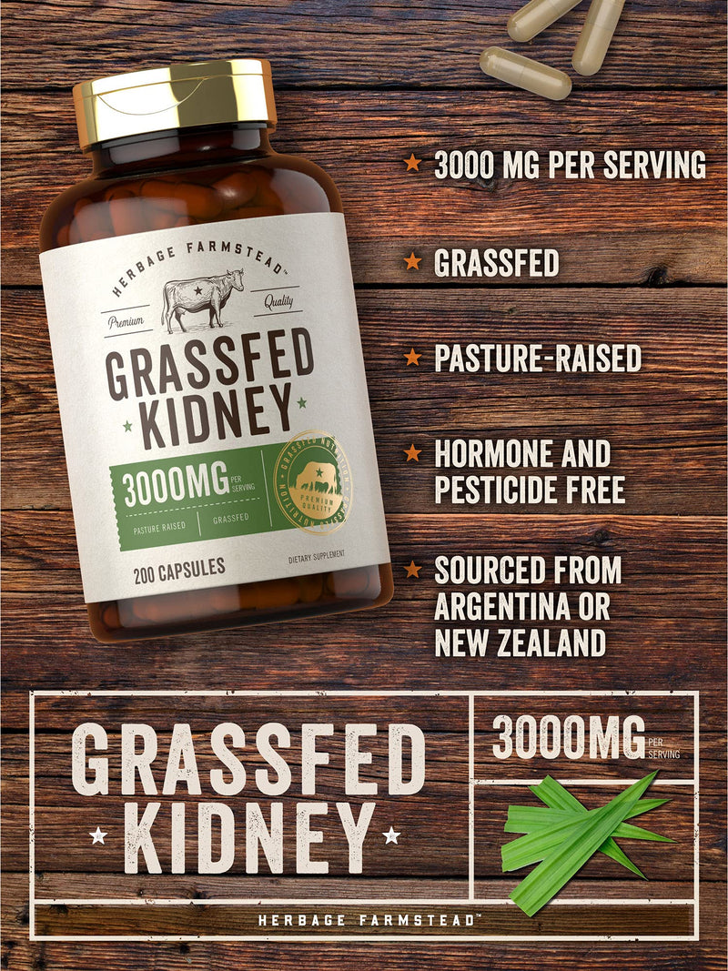 Carlyle Grass Fed Beef Kidney Supplement | 200 Capsules | 3000mg | Pasture Raised Desiccated Bovine Supplement | Hormone and Pesticide Free | Non-GMO, Gluten Free | by Herbage Farmstead 200 Count (Pack of 1)