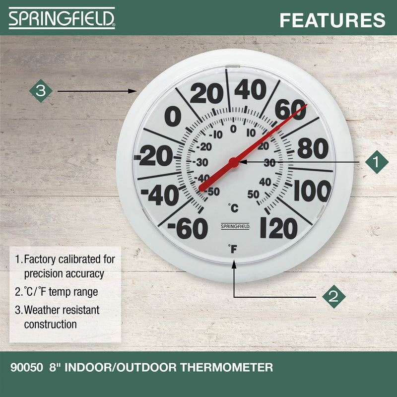 Springfield Indoor Outdoor Big and Bold Dial Thermometer, Wireless Thermometer with Easy to Read Large Numbers for Patio, Pool, and Indoor Areas, 8-Inch, White No Size