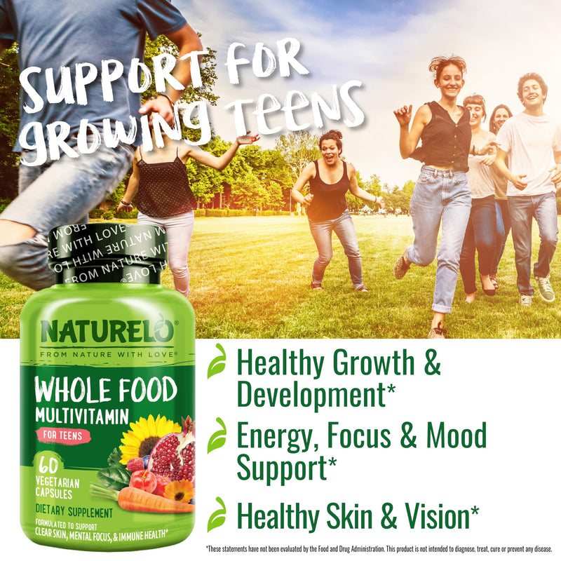 NATURELO Teen Multivitamin - Whole Food Multivitamin - with Minerals for Teenage Boys & Girls - Supplement for Active Kids - Non-GMO - Vegan & Vegetarian - 60 Capsules Unflavored 60 Count (Pack of 1)