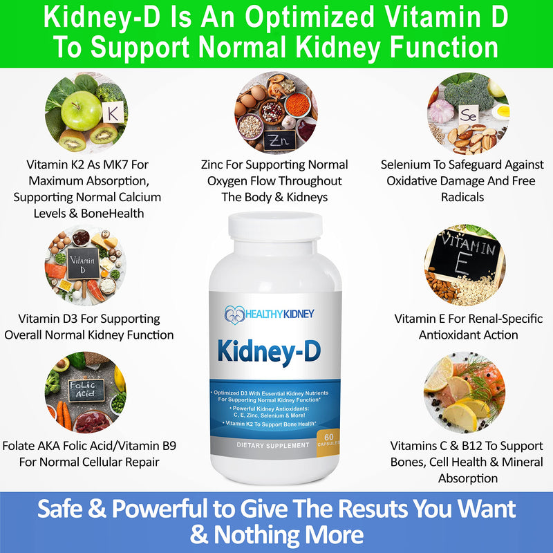 Kidney-D Kidney Supplement. Vitamin D Optimized for Kidney Support. Vitamin D3 and 7 Kidney Vitamins and Nutrients Designed for Kidney Health and More 60 Count (Pack of 1)