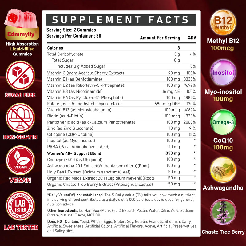 Vitamin B Complex Supplement for Women 40+ - Methylated B Complex Gummies | with Vitamin B12, Folate, B1, B2, B5, B6, Biotin for Women - Peach Flavor B-Complex Gummies, Sugar Free, Vegan, 60 Ct 60 Count (Pack of 1)