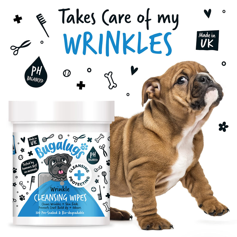 BUGALUGS Wrinkle Dog Wipes for pawly skin - 100 Biodegradable dog grooming pet wipes. Use as Dog ear wipes, dog eye wipes, dog face wipes, Paw & Bum wipes for puppy, dogs & cat grooming