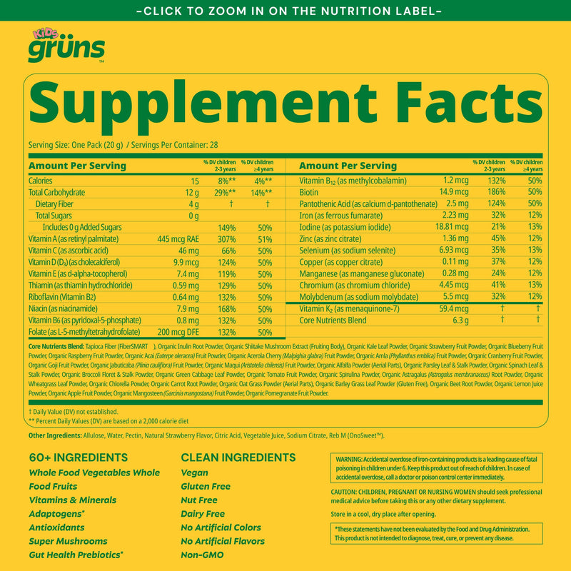 Gruns Kids Multivitamin Kids Greens Gummies, 28 ct | Daily Supplement with Vitamins, Minerals, Adaptogens, and Prebiotic Fiber Low Sugar