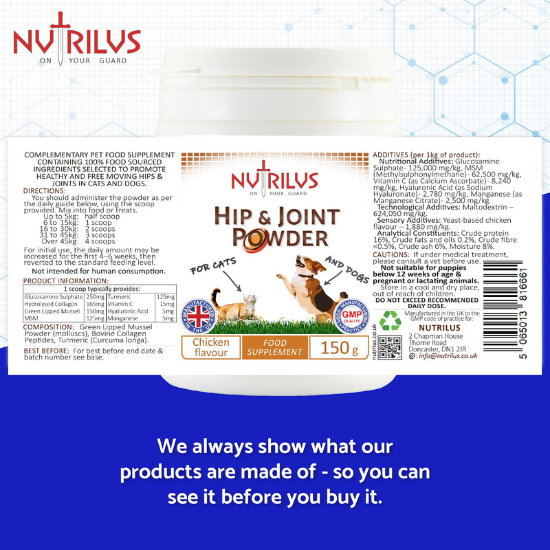 Pet Hip & Joint Powder 150g for Dogs and Cats – With Glucosamine, Collagen, Green Lipped Mussel, MSM, Curcumin, Hyaluronic Acid & more.