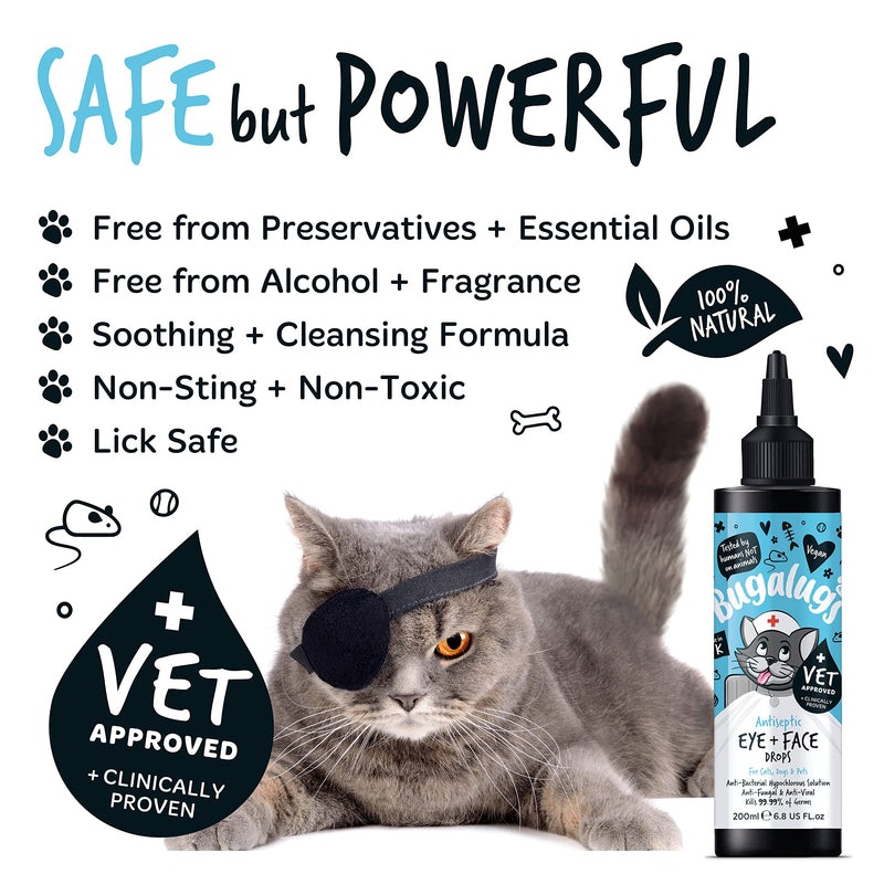 BUGALUGS Dog Eye Drops 200ml, Antiseptic eye drops for dogs, puppy, cats & animals. Antibacterial for dry, itchy, irritated, gunky & tear stain eyes. Eye Wash Cleaner Cat 200ml