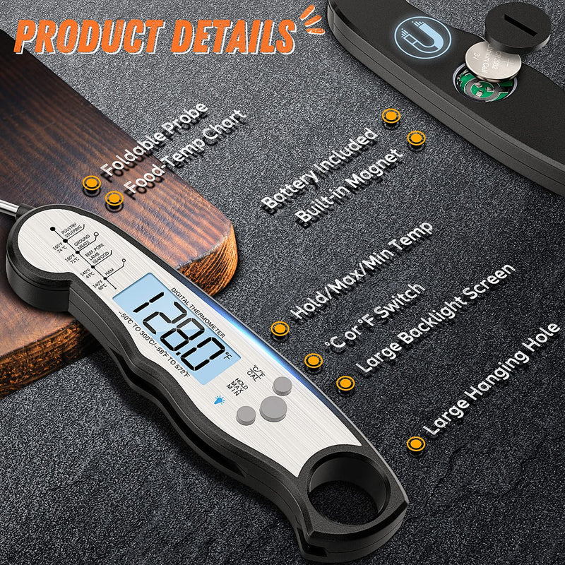 Digital Meat Thermometer, Waterproof Instant Read Food Thermometer for Cooking and Grilling, Kitchen Gadgets, Accessories with Backlight & Calibration for Candy, BBQ Grill, Liquids, Beef, Turkey… Black - Sliver