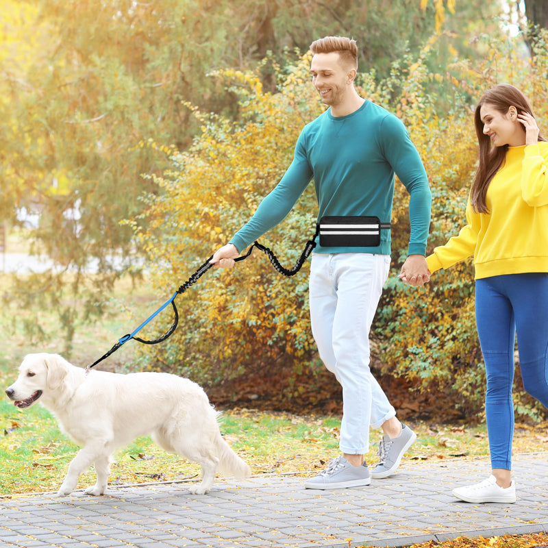 Hands Free Dog Leash with Zipper Pouch, Running Waist Leash for Dog Walking, Adjustable Waist Belt for Large Dogs, Reflective Bungee Design with Two Handle for Hiking,Training, Black