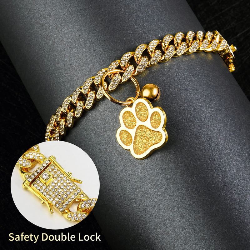 Hillban Cat Collar Diamond Chain Glitter Collar Walking Metal with Secure Buckle Cat Pet Necklace with Paw Charm Link Cuban Jewelry Accessories with ID Tag Bell(8 Inch,Gold) Gold 8 Inch - BeesActive Australia