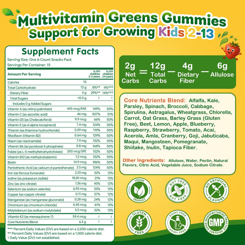 Greens Daily Gummies for Kids, Sugar Free Super Greens Gummies Kids Superfood Multivitamin Gummies with Fruits, Veggies, Alfalfa, Spirulina, Adaptogens, Prebiotic Fiber for Digestive Health, 90 Count