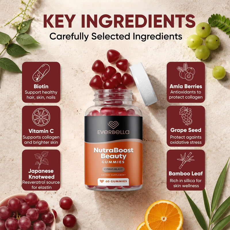 NutraBoost Beauty Gummies | Beauty Support Formula with Amino Acids, Bamboo Silica, Resveratrol, Biotin & Vitmain C | Support Skin, Nails & Hair Growth | Citrus Flavor, 30 Days Supply
