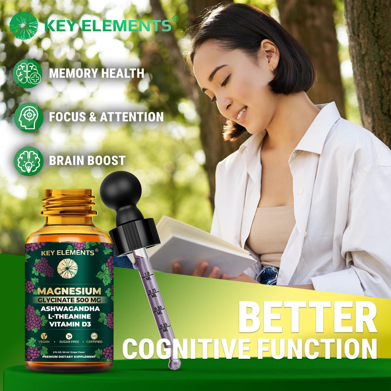 Liquid Magnesium Glycinate 500mg with Ashwagandha & L Theanine | Stress Relief, Sleep and Calm Vitamin D3 Magnesium Supplement | Ashwagandha and Magnesium with L-Theanine