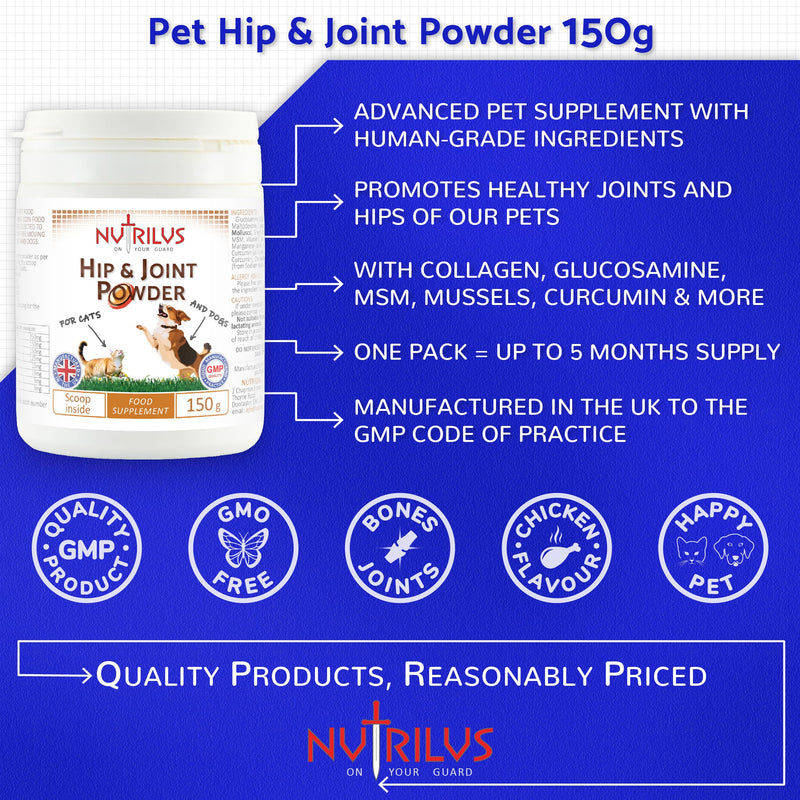 Pet Hip & Joint Powder 150g for Dogs and Cats – With Glucosamine, Collagen, Green Lipped Mussel, MSM, Curcumin, Hyaluronic Acid & more.