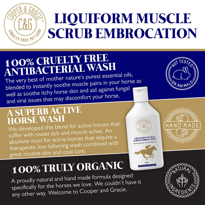 C&G Pets Horse Liquiform Muscle Scrub Embrocation 500ml – Natural Therapeutic Wash with Antiseptic & Antibacterial Properties by Cooper and Gracie | Fast-Absorbing Relief, Prevents Sweat Itch 500 ML