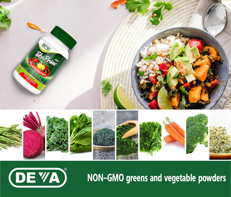 DEVA Tuba Prime Vegan Multivitamin Iron-Free - High-Potency Vitamin & Mineral Dietary Supplement - Antioxidants, Fruit & Vegetable Blend, Super Mushrooms, Probiotics, Prebiotics, Seeds, Herbs 90 Tabs 90 Count (Pack of 1)