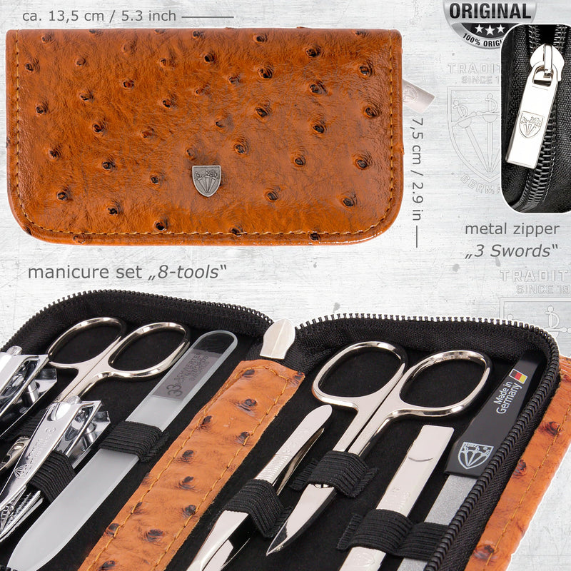 3 Swords Germany - brand quality 8 piece manicure pedicure grooming kit set synthetic leather case ostrich cognac - Made in Germany OSTRICH BROWN