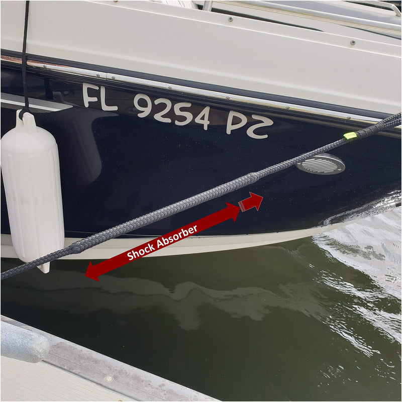 Shockline 1/2 Inch Dock Line with Integrated Shock Absorber, Double Braided, Polyester, 15, 25, 35 FT, Hand Spliced 12" Eye, Black 1/2" x 15' - BeesActive Australia