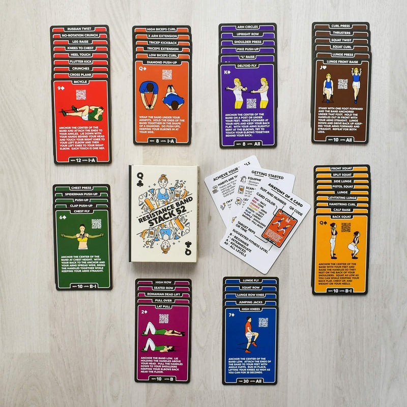 Stack 52 Resistance Band Exercise Cards. Exercise Band Workout Playing Card Game. Video Instructions Included. Home Fitness Training Program for Elastic Rubber Stretch Band Sets. (Updated Deck) Updated Deck - BeesActive Australia