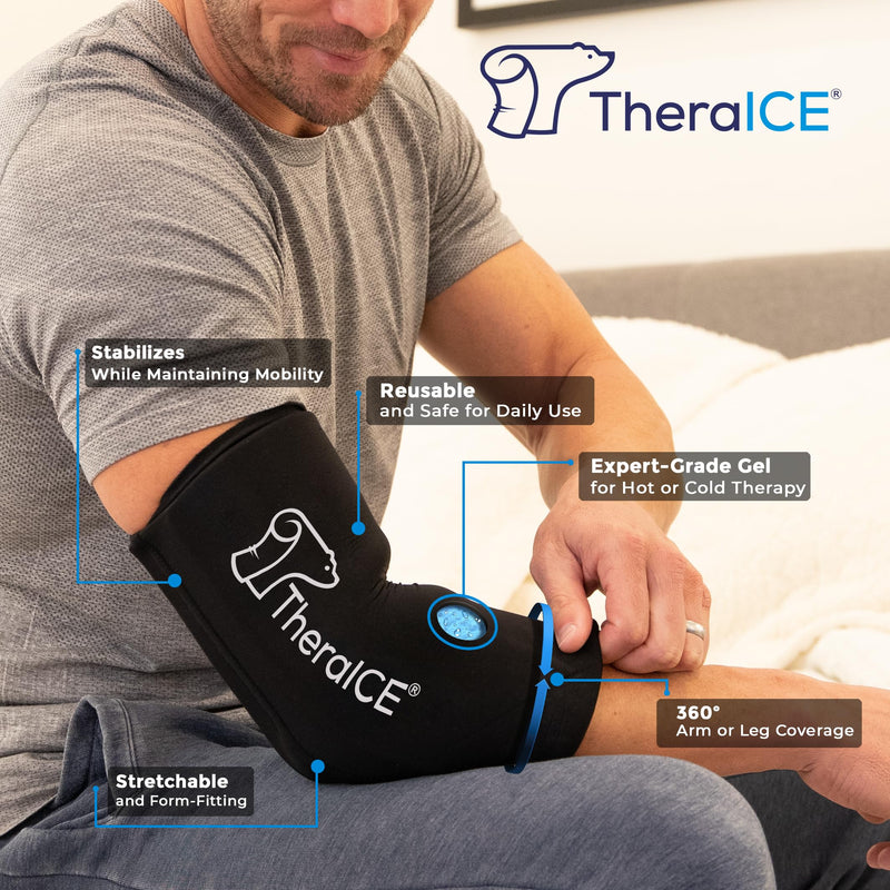 TheraICE Elbow Ice Pack Wrap Compression Sleeve for Injuries Reusable Gel Arm Cold Packs | Tennis Elbow Golfers & Cubital Tunnel, Tendinitis Pain Relief | Plus Shin Splints, Calf Strain | Women & Men Black Small/Medium
