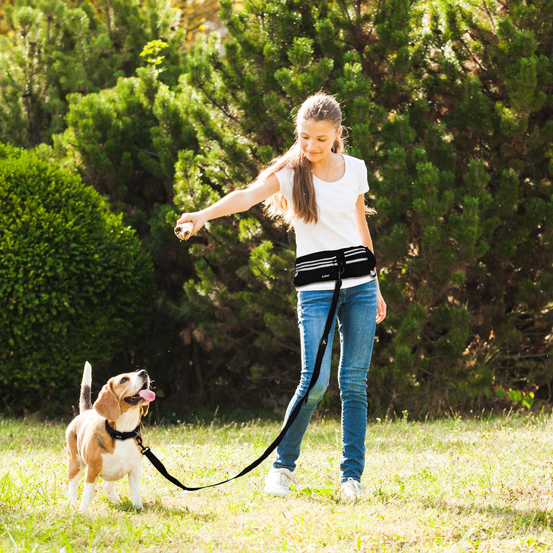 Kruz Hands Free Dog Leash (Waist 26”- 48”, Leash- 1”x 5ft) Premium Waist Belt for Walking, Running, & Hiking, Bungee with Dual Handles, Adjustable Fit, Reflective Safety Design for Large Dogs (Black) Black