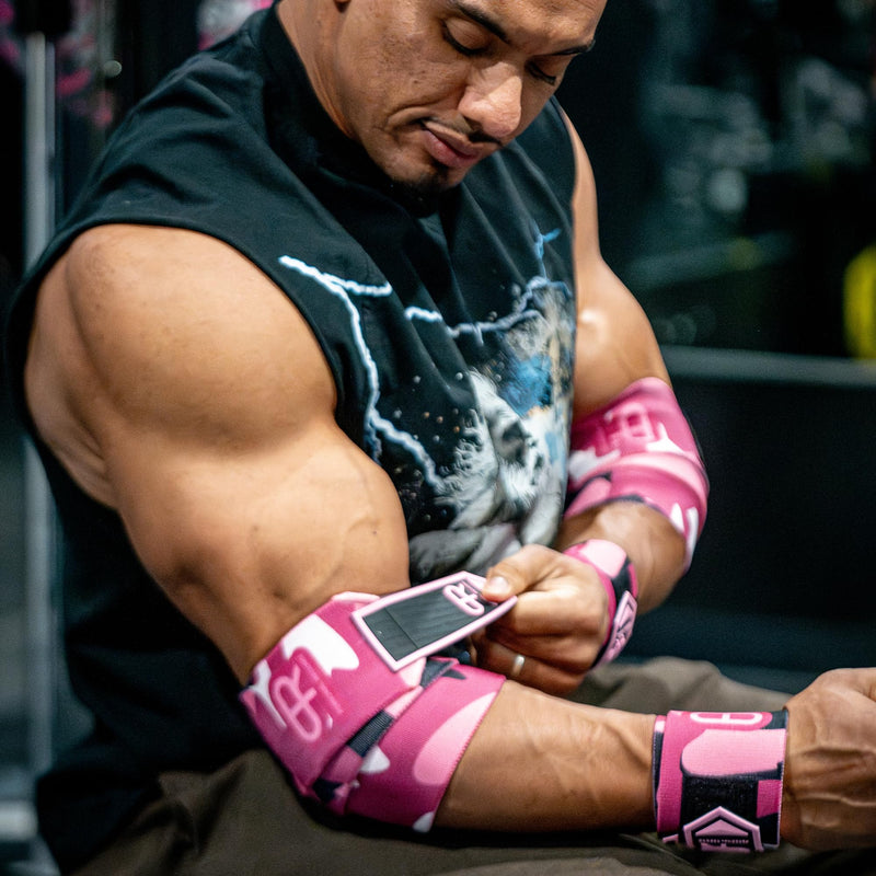 Elbow Wraps for Weightlifting - Heavy Duty Construction, 25% More Elasticity, Reinforced Stitching, Extra Wide Fastener, Easy to Adjust, (Digital Pink) Digital Pink
