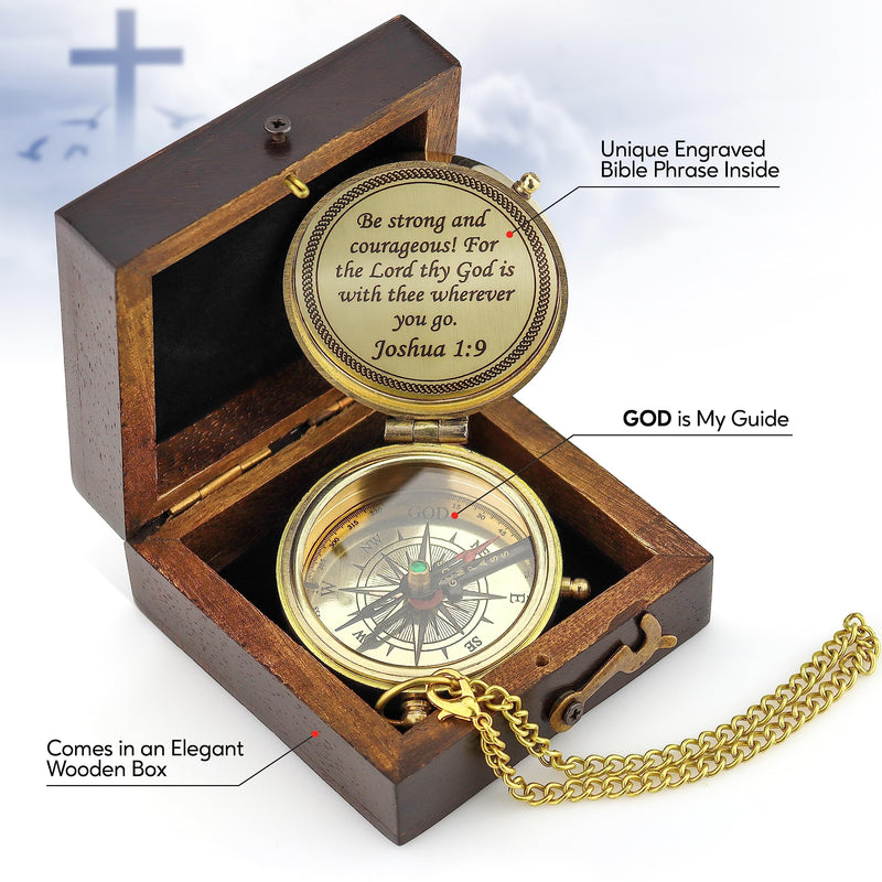 God is My Guide Brass Compass Gift with Display Box - Engraved Scripture Prayer Compass Religious Gift for Men & Women - Baptism, Confirmation, Communion Compass for Boys Graduation Gift Polished Brass - BeesActive Australia