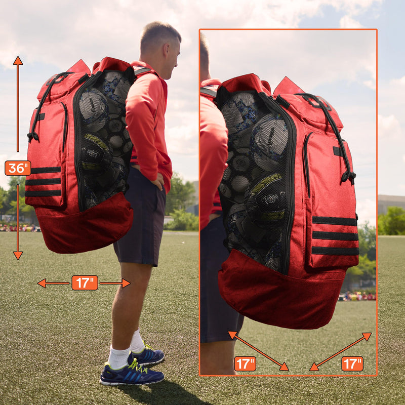 Fitdom Heavy Duty XL Soccer Mesh Equipment Ball Bag w/Adjustable Backpack Shoulder Strap Design for Coach. 2 Different Size Front Pockets for Sporting Accessories. Crimson Red - BeesActive Australia