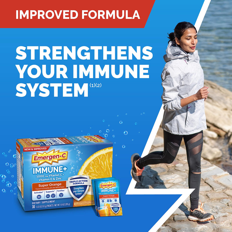 Emergen-C Immune+ Triple Action Immune Support Powder, BetaVia (R), 1000mg Vitamin C, B Vitamins, Vitamin D and Antioxidants, Super Orange – 50 Count - BeesActive Australia