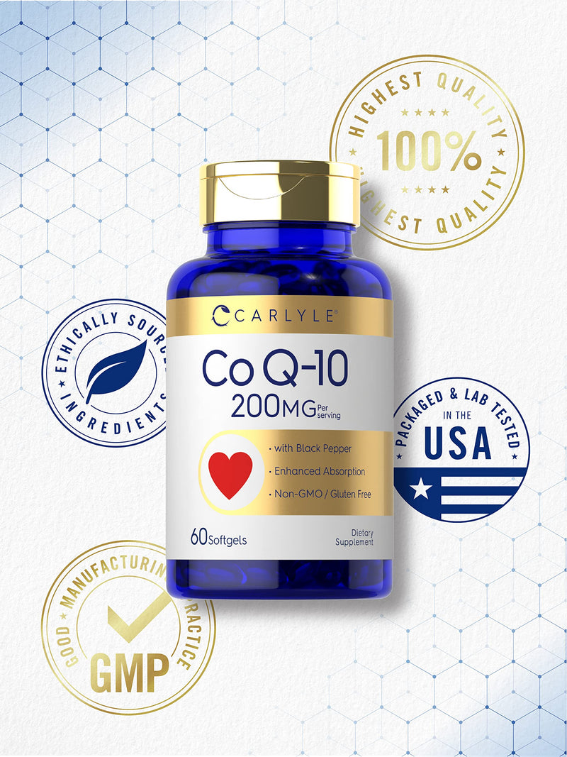 Carlyle CoQ10 200mg Softgels | 60 Count | with Black Pepper | Enhanced Absorption | Non-GMO, Gluten Free Supplement