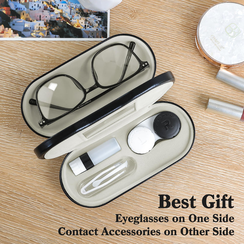 2 in 1 Contact Lens Case and Glasses Case,Double Sided Dual Use Design with Mirror, Tweezer and Contact Lens Solution Bottle,Portable Soak Storage Kit for Travel,Office(Black) Black
