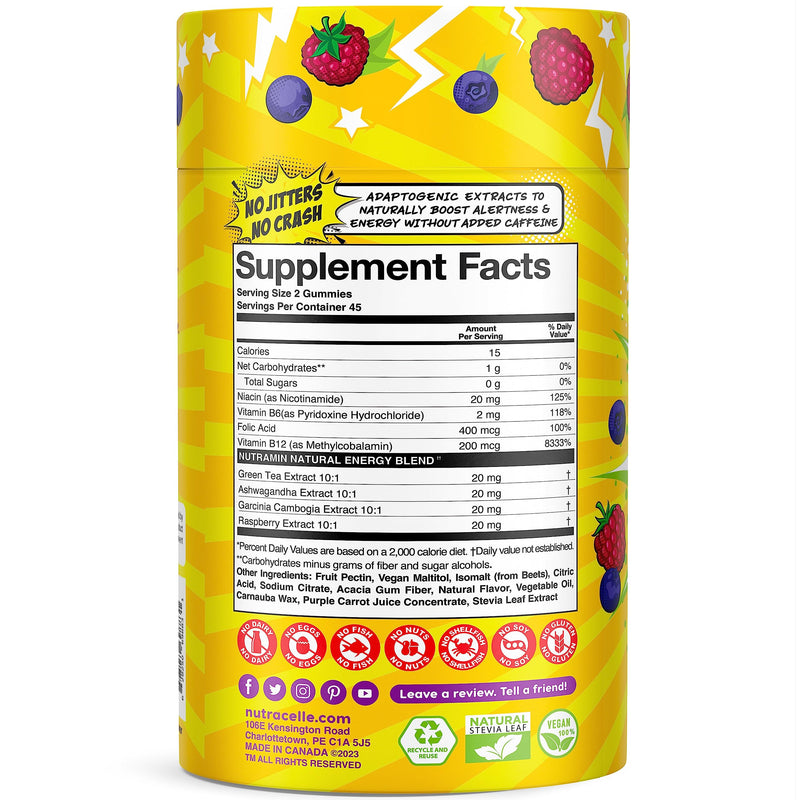 NUTRAMIN Energy Boost Vitamin Gummy - Skip The Coffee & Boost Your Energy, Caffeine-Free, Sugar-Free, Vegan, B12, Green Tea, Ashwagandha, Garcinia Cambogia, Raspberry Adaptogen - 90 ct