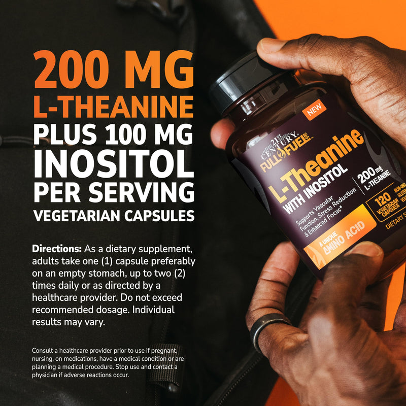 21st Century L-Theanine 200mg with Inositol, 120 Vegan Capsules, Calm Focus | 200mg L-Theanine + 100mg Inositol. Supports calm focus & a healthy stress response. Non-GMO, gluten free, vegan caps