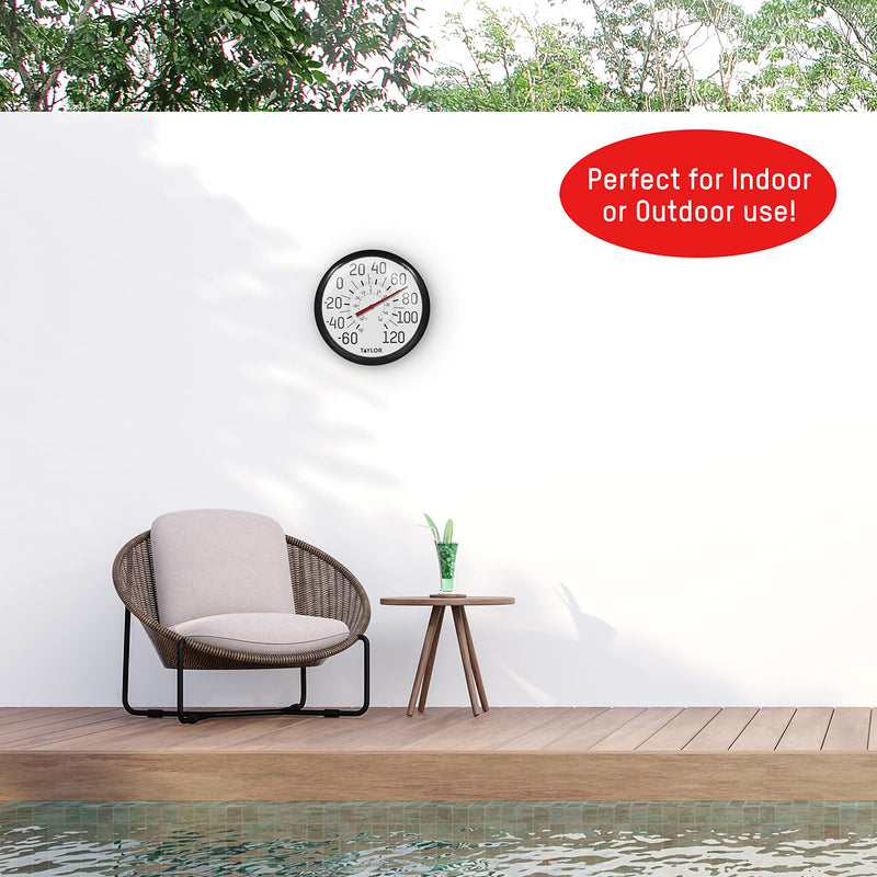 Taylor Big and Bold Wall Thermometer, Indoor Outdoor Thermometer, Wireless Thermometer with Easy to Read Numbers for Patio, Pool, and Indoor Areas, 13.25-inch, Black