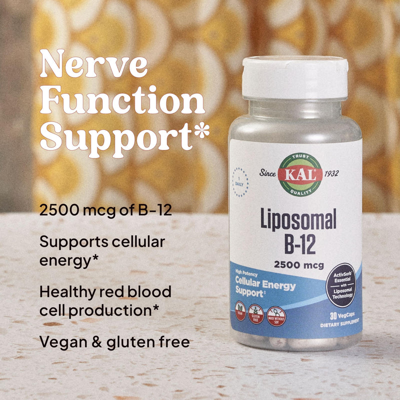 KAL Liposomal Vitamin B12 2500 mcg, High Absorption, Liposomal Technology, Cellular Energy Support, Vegan Capsules, Gluten Free, Made Without Soy, 30 Servings | Cellular Energy, Nerve & Red Blood Cell Support, Liposomal Methylcobalamin B12, 30 Servings...