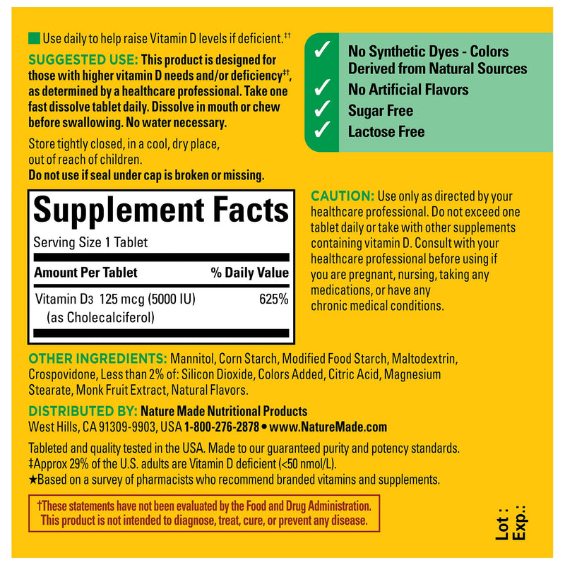 Nature Made Vitamin D3 5000 IU (125 mcg) Extra Strength, Vitamin D Supplement for Immune Support, 70 Sugar Free Fast Dissolve Tablets, 70 Day Supply, (Pack of 2) 70 Count (Pack of 2)